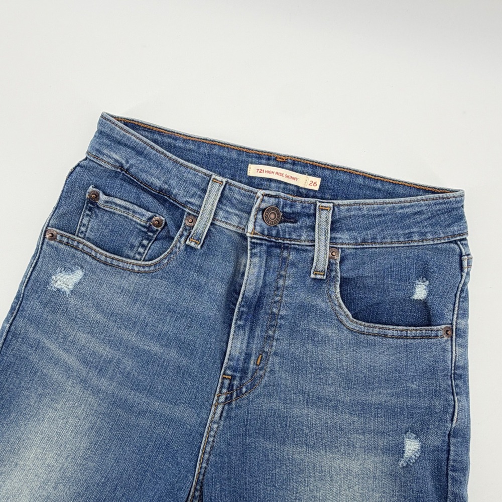 Levi's 721 High Rise Skinny Jeans Size 26 Blue Distressed Denim‎